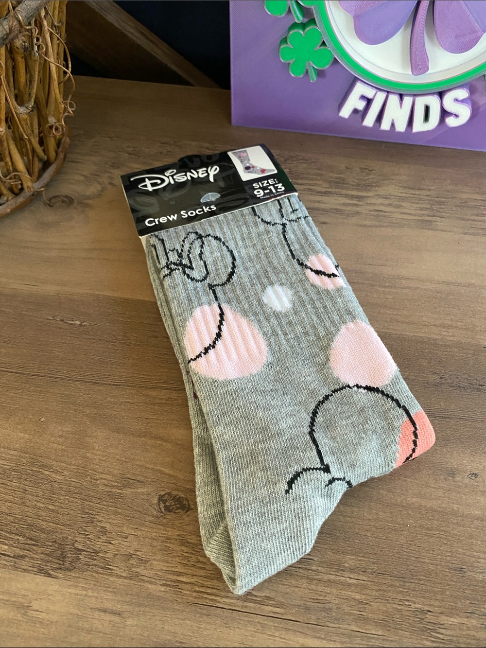 Disney Grey Crew Socks with Pink Polka Dot Minnie Outline